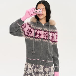 手工编绳拉链开衫 「heris」企鹅朋友提花毛衣外套 可拆仿貉毛领