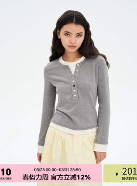 「heris」糖豆扣亨利领 假两件层次设计 修身显瘦长袖针织上衣