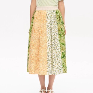 「heris」夏日蜜瓜花园 纯棉碎花拼接设计 松紧腰收胯A字长伞裙