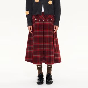 毛呢百褶半裙秋冬A摆中长裙 饰 「heris」节日红色格纹 贝壳扣装