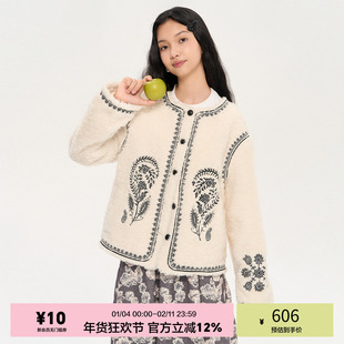 「heris」重工游牧腰果花刺绣 保暖厚实羊羔绒 宽松圆领短款外套