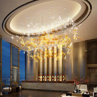 制作非标工程酒店大堂售楼部沙盘水晶枫叶扭叶楼梯大型吊灯创意