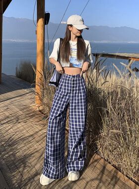 休闲宽松直筒格子阔腿裤 Casual loose straight checkered pants