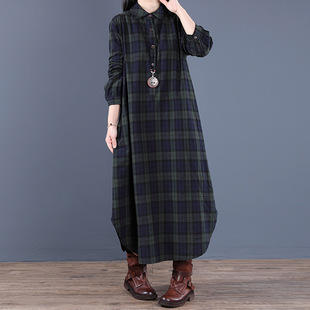 Women's casual loose checked dress女士休闲宽松翻领格子连衣裙