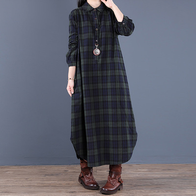 Women's casual loose checked dress女士休闲宽松翻领格子连衣裙