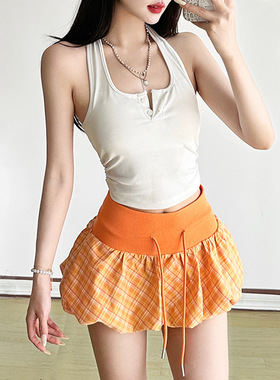 Orange plaid high-waisted floral dress橙色格纹高腰绑带花苞裙