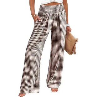 wide 休闲拼接女士松紧腰格子阔腿裤 Casual checkered pants leg