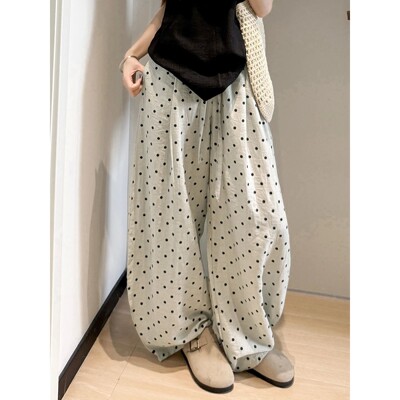 白色波点休闲宽松阔腿裤 White polka dot casual wide leg pants