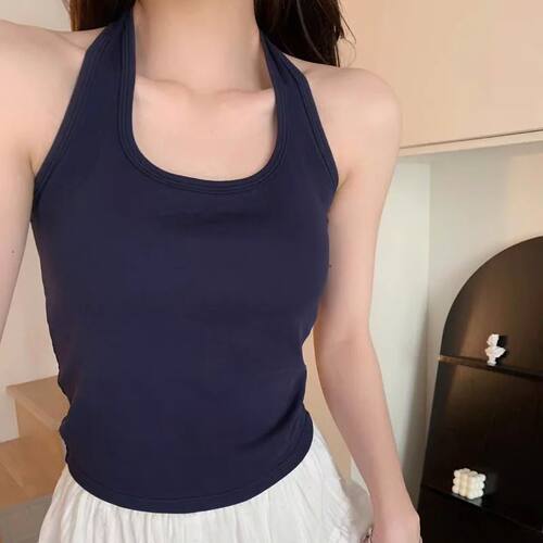 女士纯色无胸垫挂脖短吊带