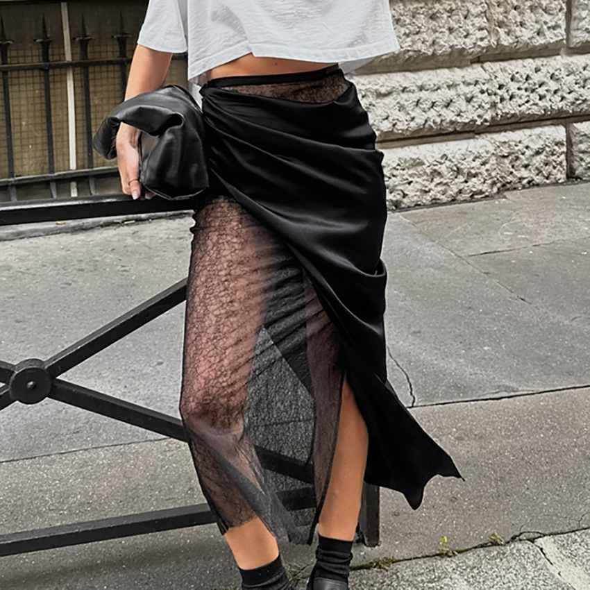 High-waisted lace patchwork sheerskirt高腰蕾丝拼接透视半身裙