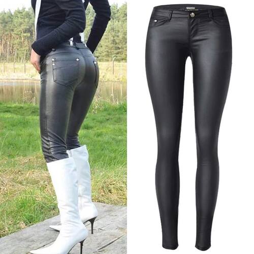 Solid-colored leather casual cropped pants纯色皮革休闲小脚裤