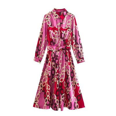 Women's long-sleeved printed lapel dress长袖印花翻领连衣裙女