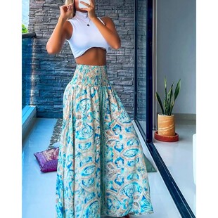 waisted line 印花高腰A字喇叭裤 leg high wide pants Printed