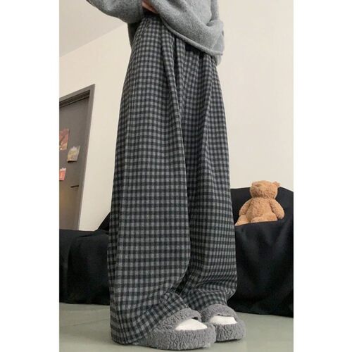 Black gray wide leg checkered pants 黑灰撞色阔腿慵懒风格子裤