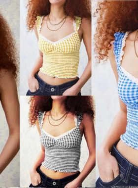 V-neck lattice lace strapback women's vest V领格子花边吊带女