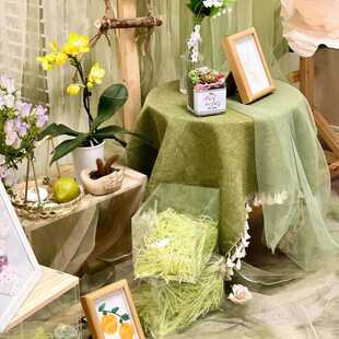 渐变绿色扎染纱幔古风幼儿园毕业环创新中式场景布置浅绿流苏桌布