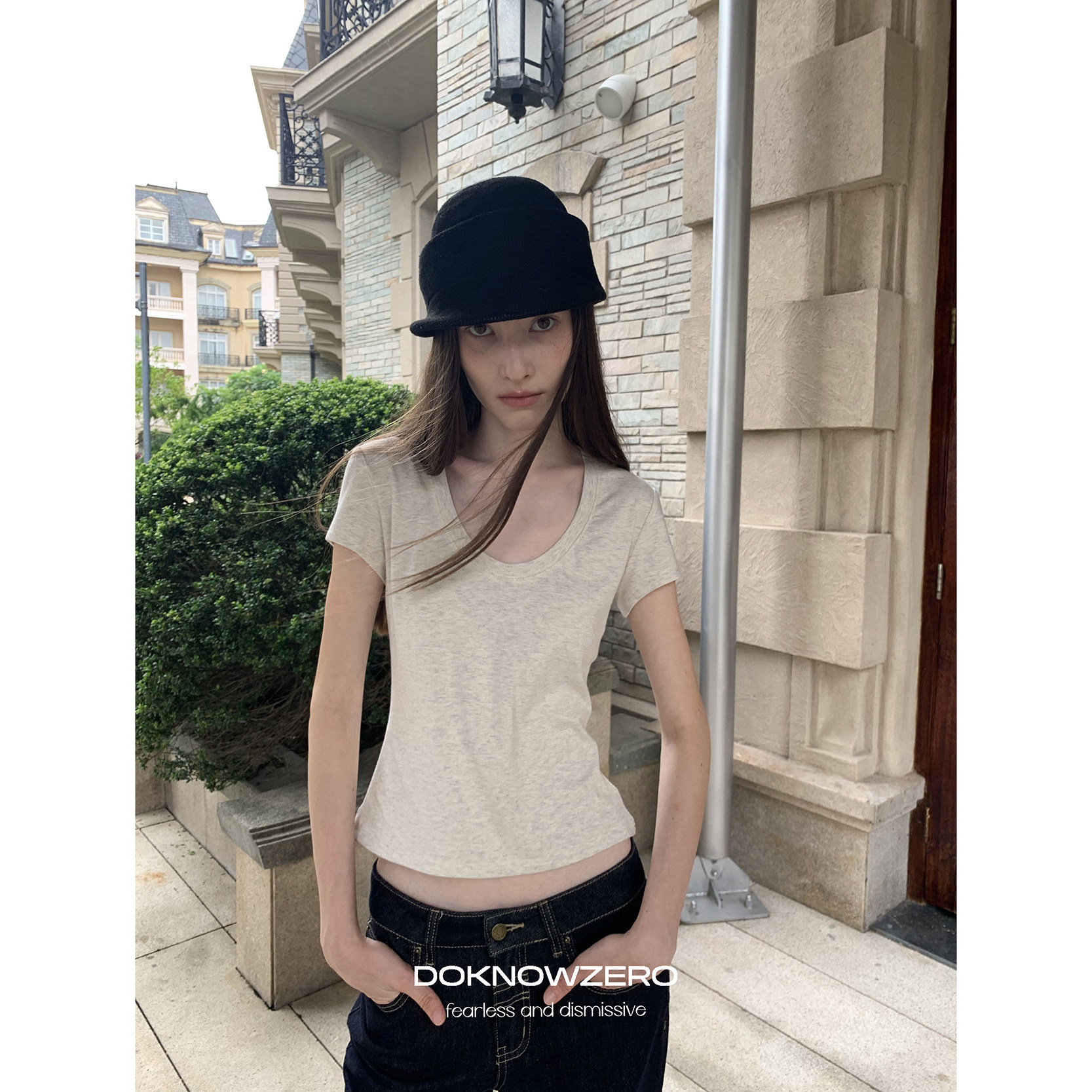 【现货】DKZ U领短袖t恤女初秋新款基础修身内搭上衣