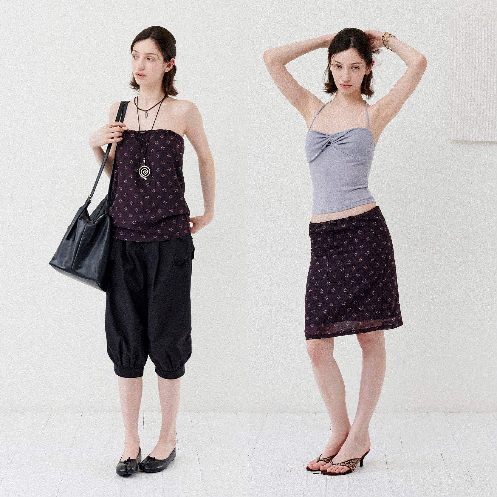 DKZ  两穿设计感直筒花朵印花半身裙 多样穿搭抽绳抹胸上衣