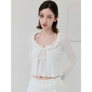 DKZ 白色木耳边碎花针织绑带开衫春夏新款挂脖背心两件套