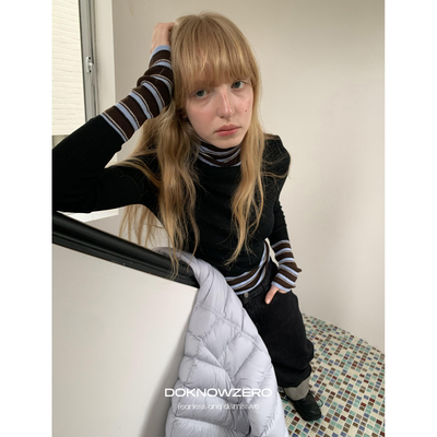 DKZ 条纹拼接高领打底衫女秋冬新款复古撞色内搭针织上衣