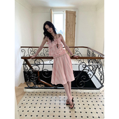 新款 DKZ 可露丽风串珠绑带吊带背心女夏季 粉色织带褶皱伞裙两件套