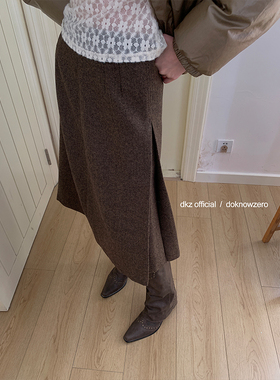 DKZ 咖色复古中长款半裙女新款宽松美拉德压褶A字半身裙