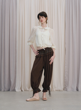 DKZ 娃娃领蕾丝拼接长袖衬衫女春夏新款复古法式薄款微透衬衣