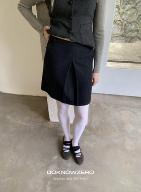 DKZ 50羊毛深蓝色半身裙女秋冬新款复古直筒绣花拼接中裙