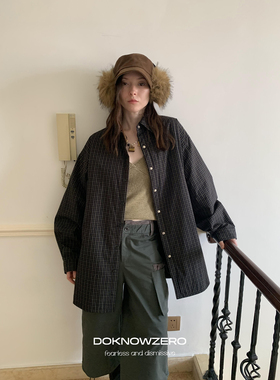 DKZ 黑色夹棉长袖衬衫女秋冬新款宽松复古格纹衬衣外套
