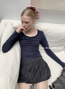 DKZ 蕾丝拼接长袖女秋季新款修身显瘦烫银印花上衣