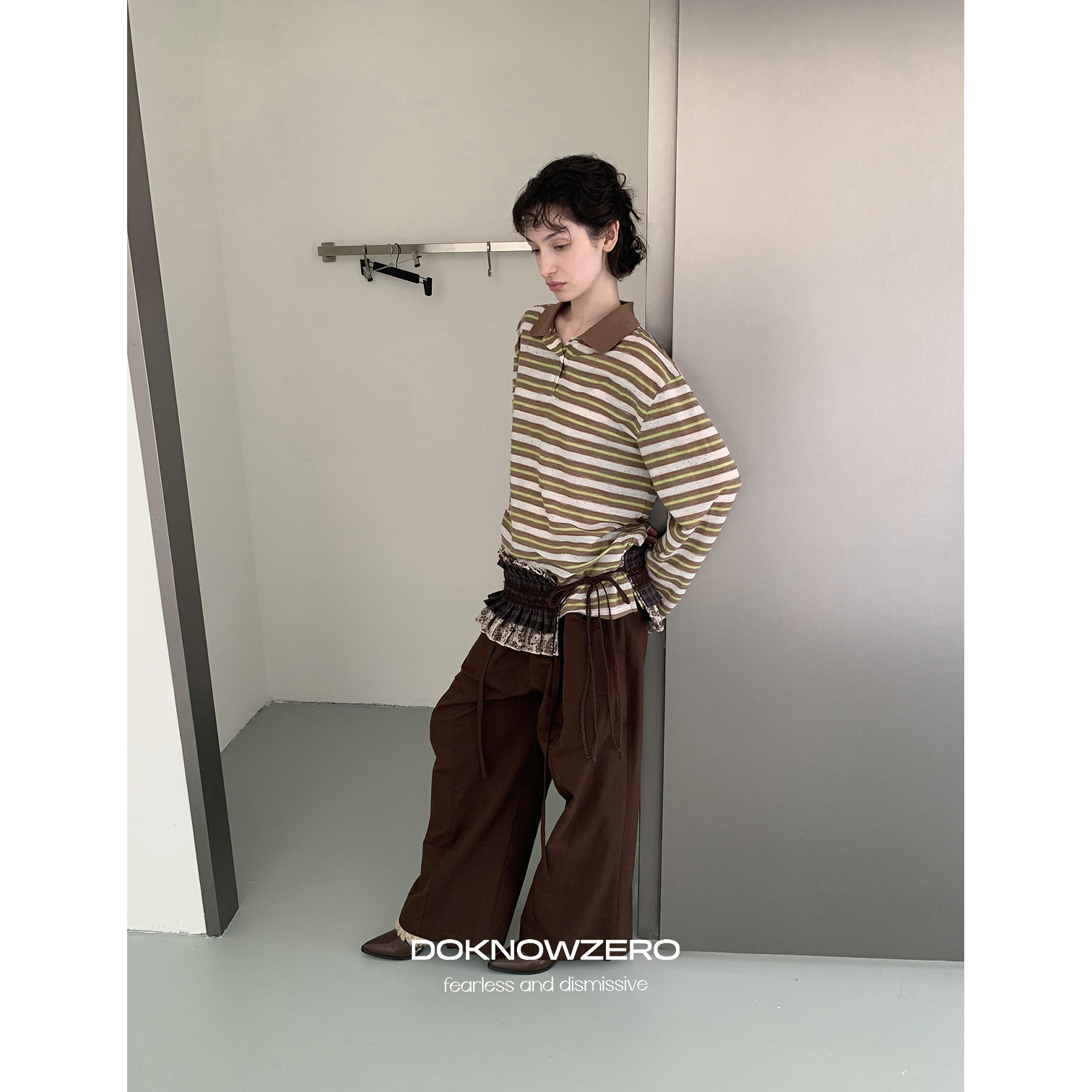 DKZ 撞色条纹polo领长袖t恤女秋季新款宽松韩版复古上衣