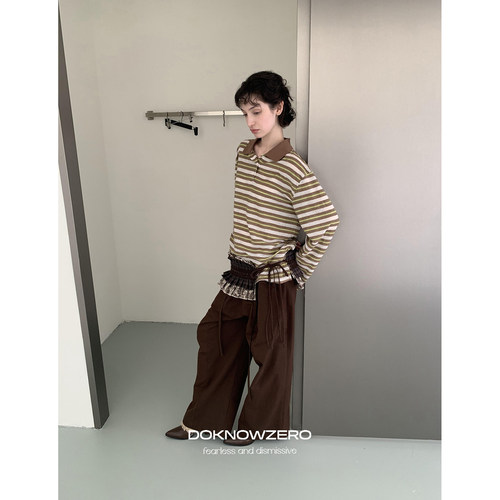 DKZ 撞色条纹polo领长袖t恤女秋季新款宽松韩版复古上衣