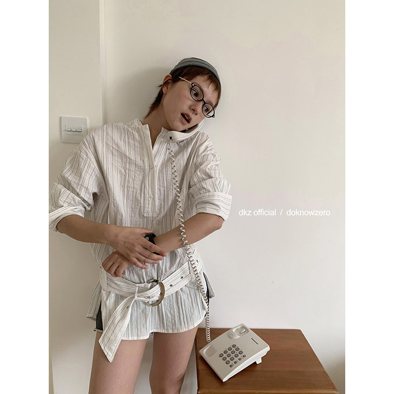 DKZ 条纹长袖衬衫女春季新款宽松简约通勤腰带中长款衬衣