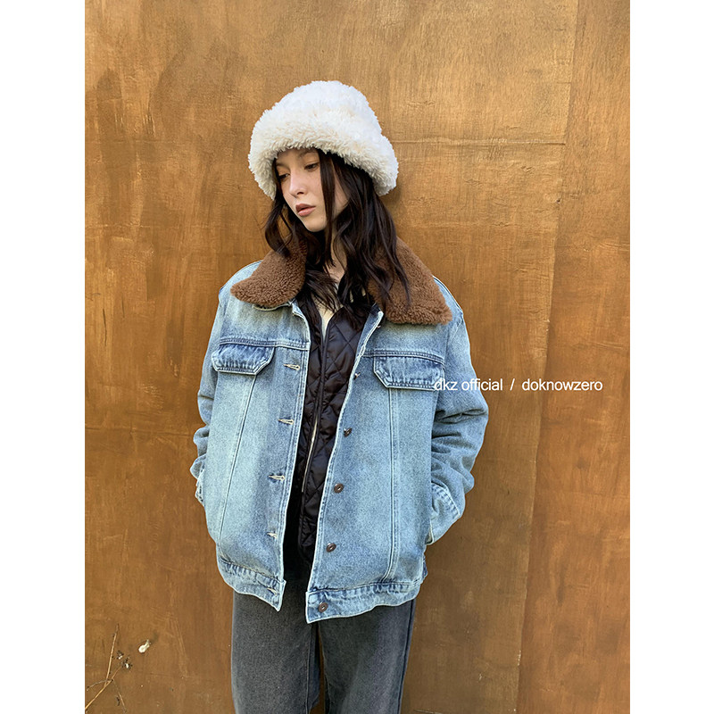 DKZ 可拆卸毛领牛仔棉内胆外套女冬季新款宽松复古多穿上衣