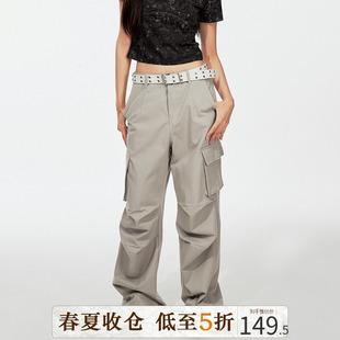 DKZ 2023新款口袋宽松直筒阔腿工装裤子女生美式休闲百搭长裤