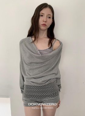 DKZ 假两件针织长袖t恤女秋冬新款荡领内里吊带背心上衣