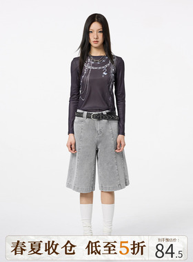 DKZ初秋季链条印花网纱长袖t恤女生潮酷辣妹修身独特别致内搭上衣