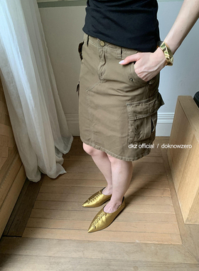 DKZ 军绿色工装半身裙女夏季新款复古多口袋中裙