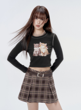 DKZ 初秋小猫撞色边线长袖T恤设计感甜辣小上衣女装