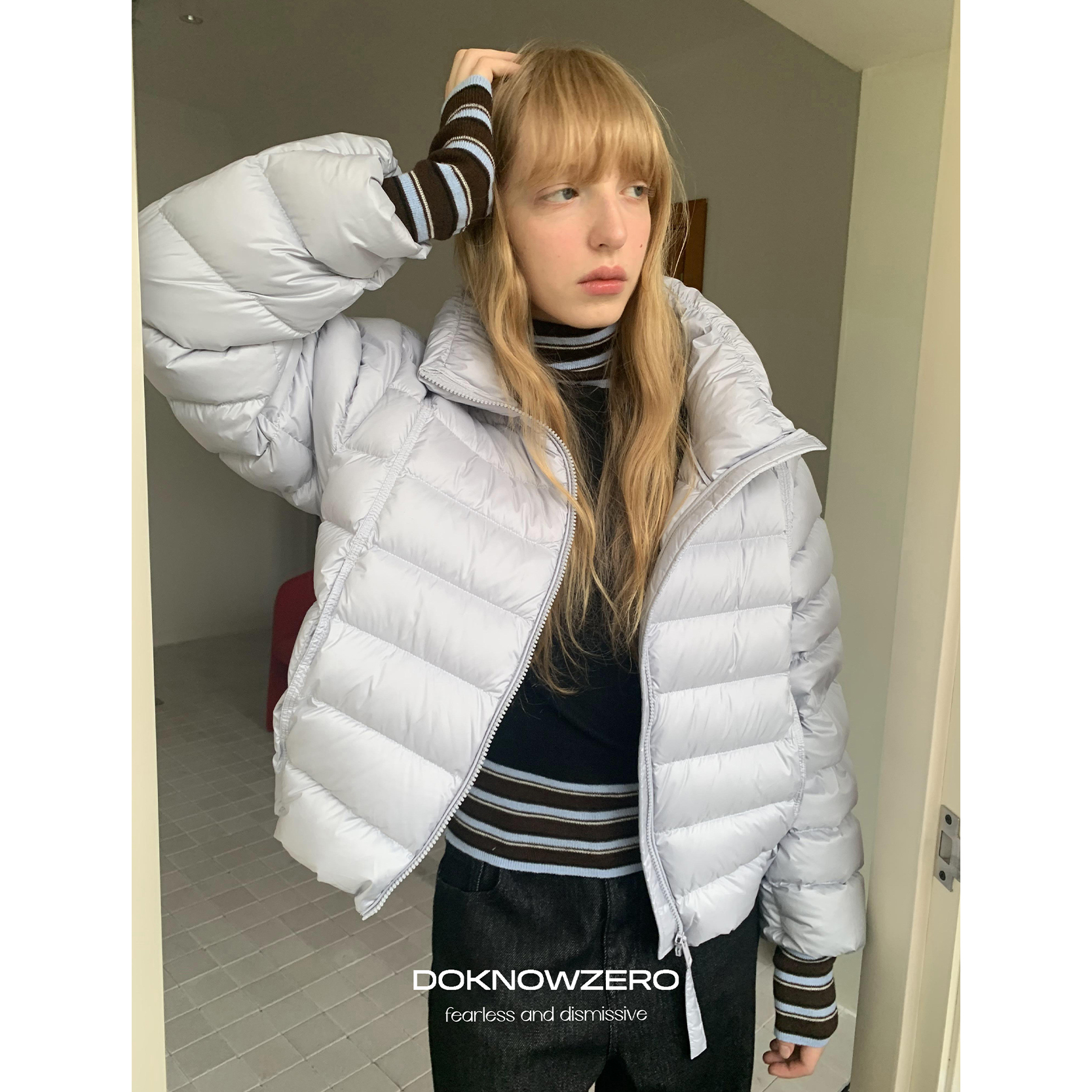 DKZ 蓝色排骨羽绒服女冬季新款轻薄立领保暖外套