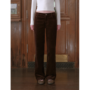 复古蝴蝶结口袋直筒长裤 DKZ 新款 女冬季 咖色灯芯绒休闲裤