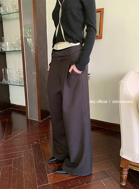 DKZ 灰色西裤女新款中腰宽松打褶垂感阔腿通勤休闲长裤