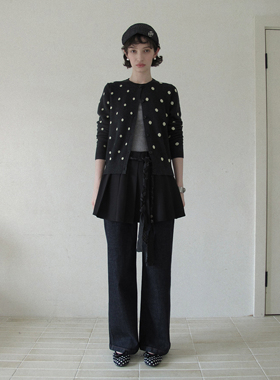 DKZ 深灰色波点针织开衫女秋季新款复古圆领毛衣外套