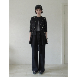 新款 女秋季 复古圆领毛衣外套 深灰色波点针织开衫 DKZ