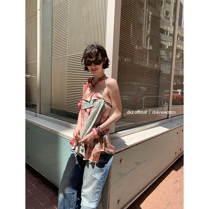 DKZ 可两穿粉色格纹半身裙女夏季新款复古抹胸上衣