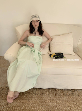 DKZ 薄荷曼波绿度假风抹胸系带连衣裙宽松不规则无胸垫褶皱中长裙