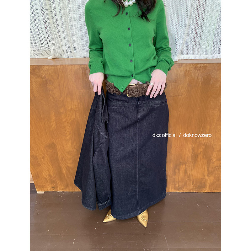 DKZ 黑色植绒牛仔半身裙女秋冬新款基础百搭开叉中长裙
