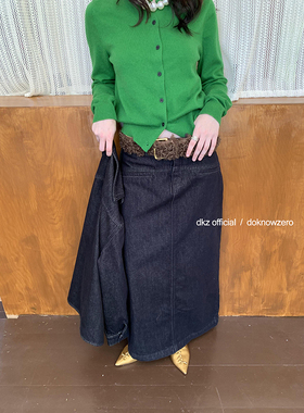 DKZ 黑色植绒牛仔半身裙女秋冬新款基础百搭开叉中长裙