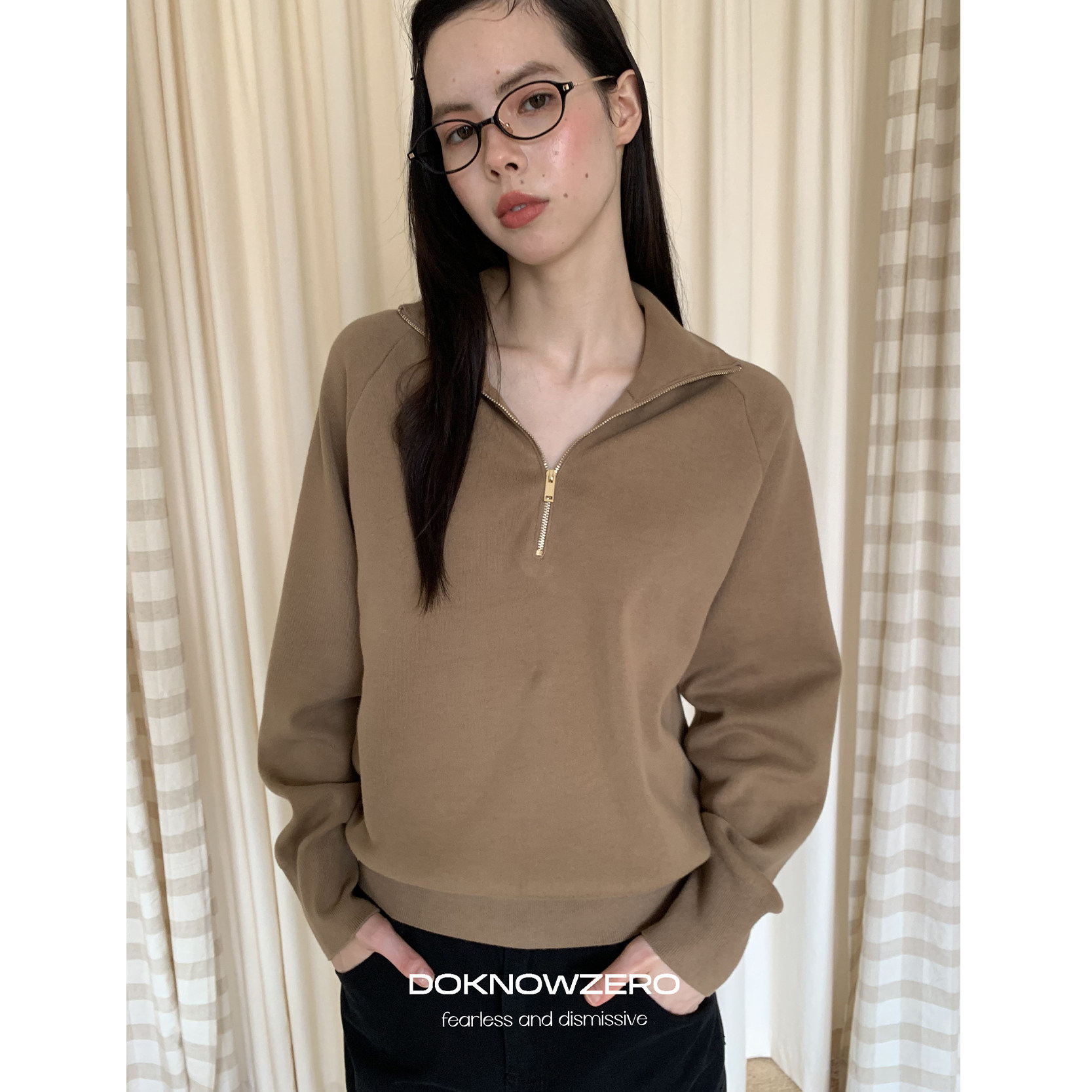 DKZ 立领毛织拉链卫衣女秋冬新款复古百搭上衣