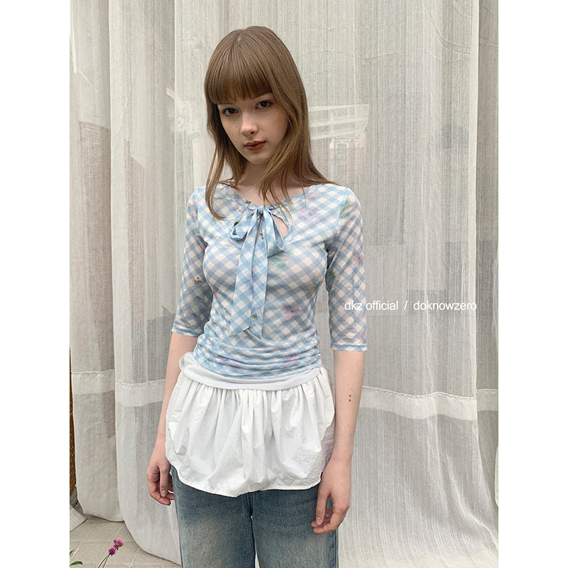 【综艺同款】DKZ 蓝色网纱假两件t恤女修身复古格纹印花上衣